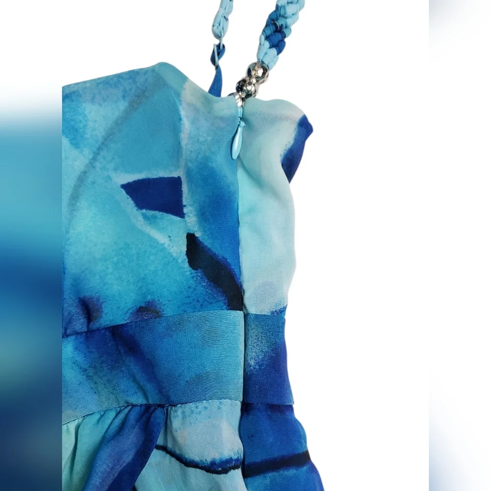 Coastal Resort Blue Floral Empire Waist High Low Dress Sz 6 Mermaid Ethereal - Picture 9 of 14